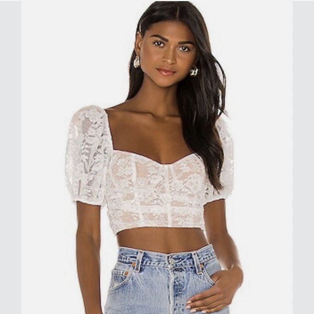 For Love and Lemons Rosalie white nude lace puff sleeve corset crop top